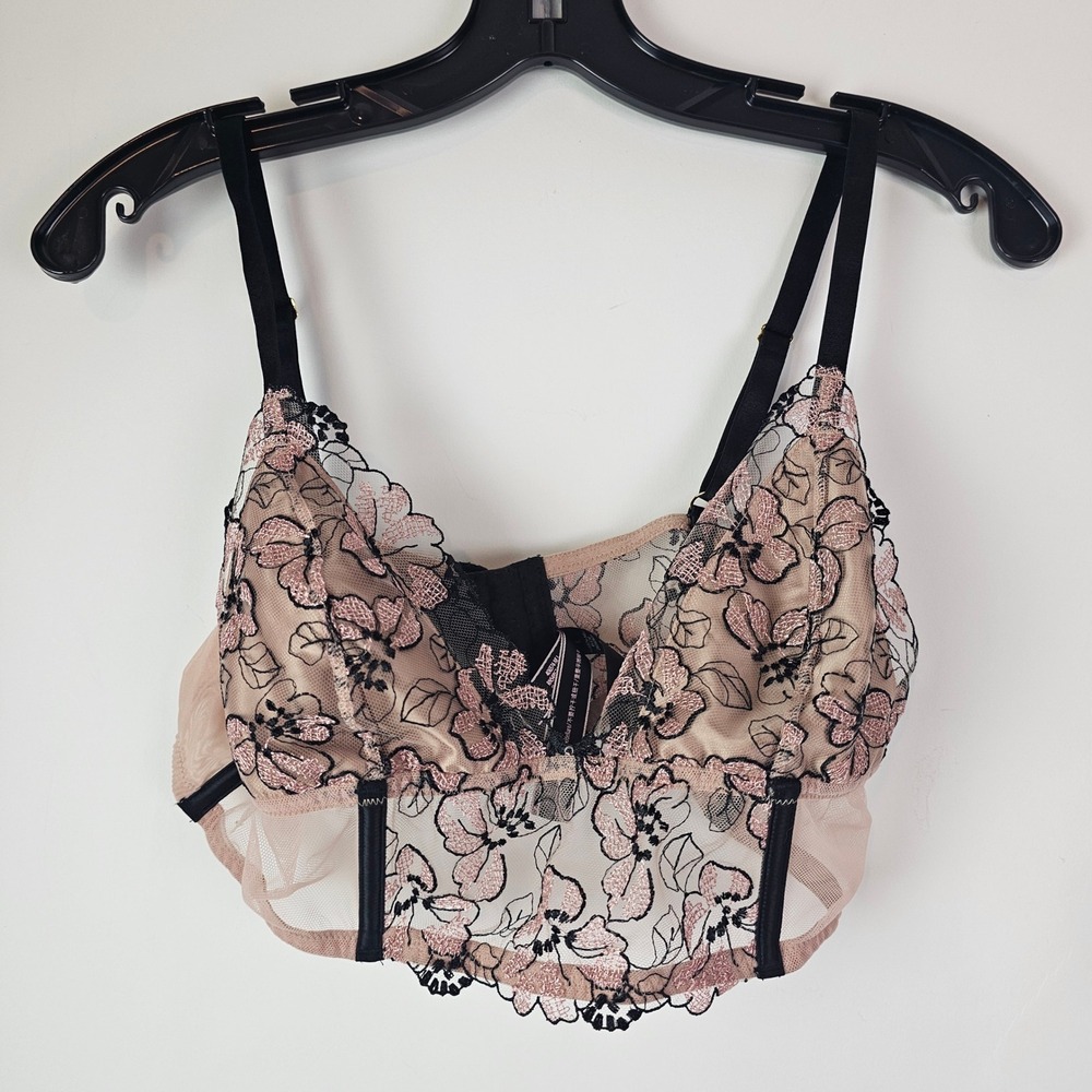 Victorias Secret Dream Angels Pink Floral Embroidered Longline Bra Large Lace